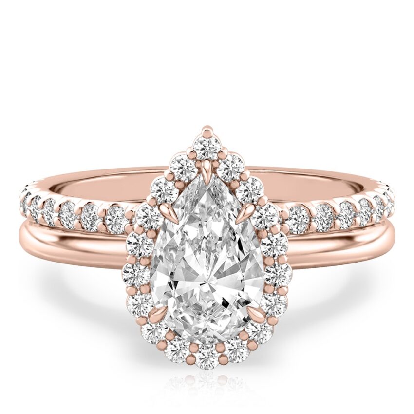 pear shape diamond floral halo engagement ring set rose gold