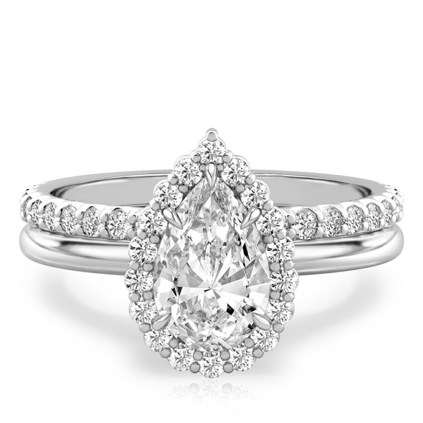 pear shape diamond floral halo engagement ring set white gold