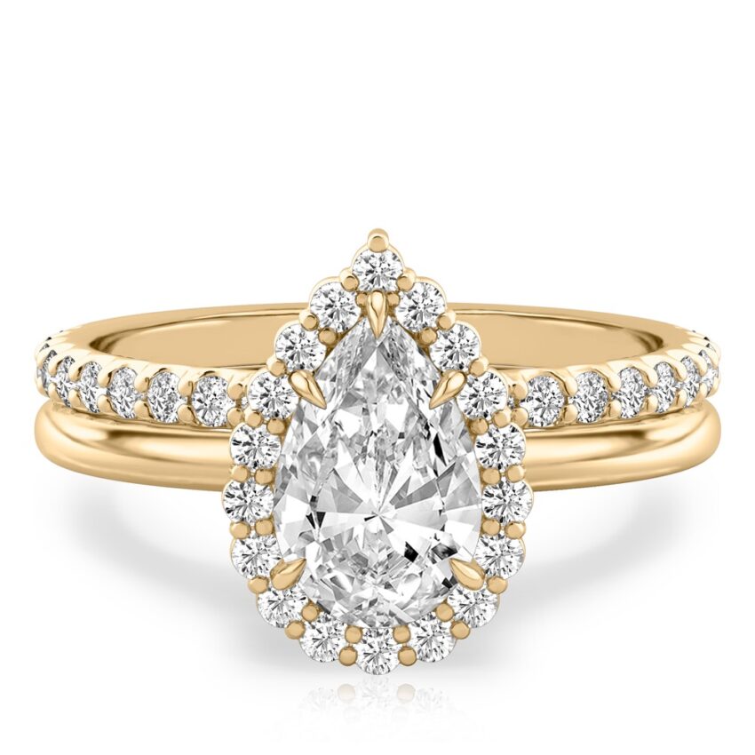 pear shape diamond floral halo engagement ring set yellow gold