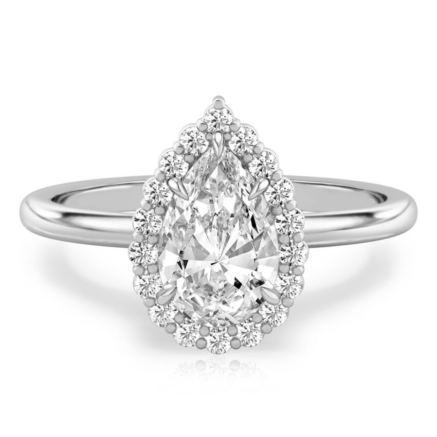 pear shape diamond floral halo engagement ring in white gold