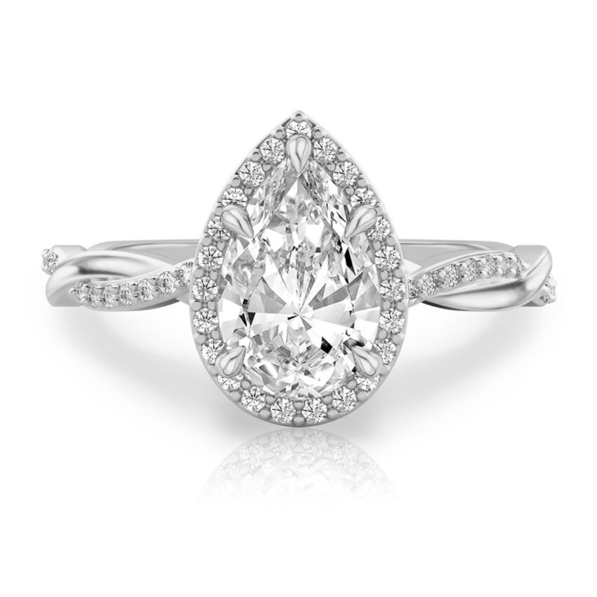pear shape diamond twist halo engagement ring in platinum