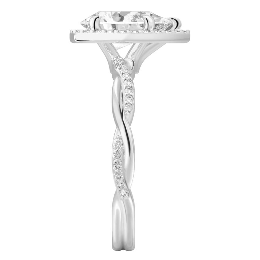 Side view of pear shape diamond twist halo engagement ring in platinum