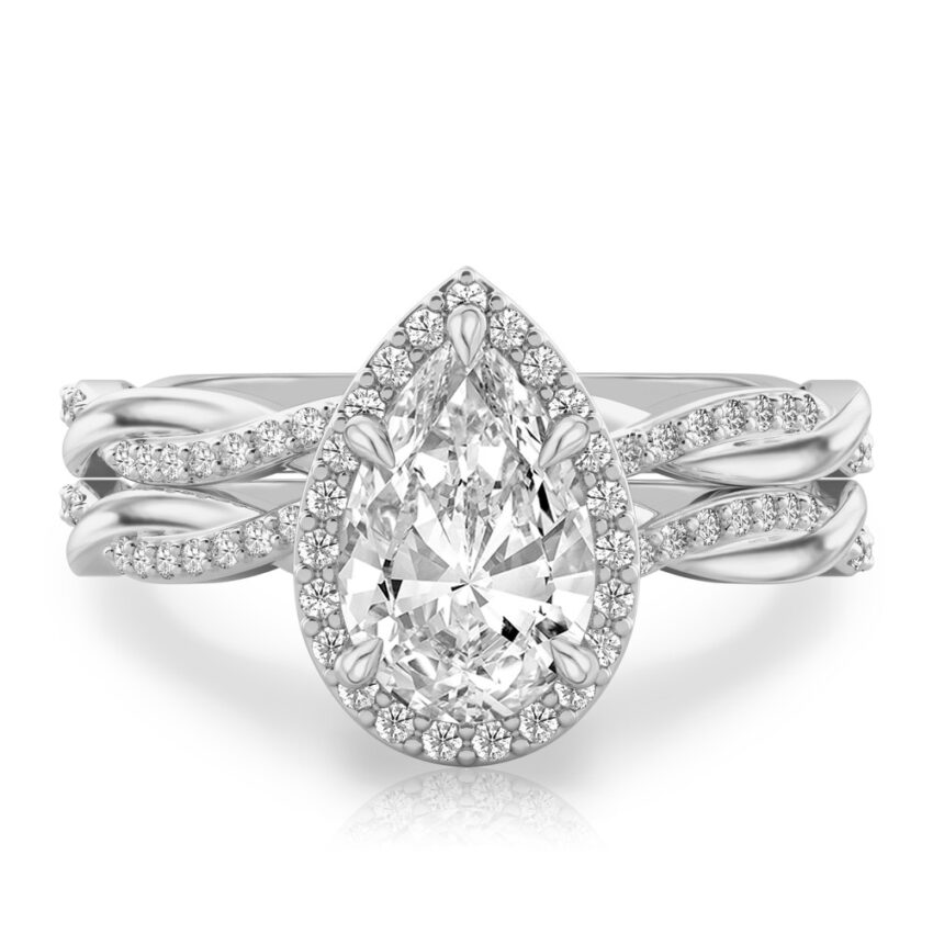 pear shape diamond twist halo engagement ring set palladium