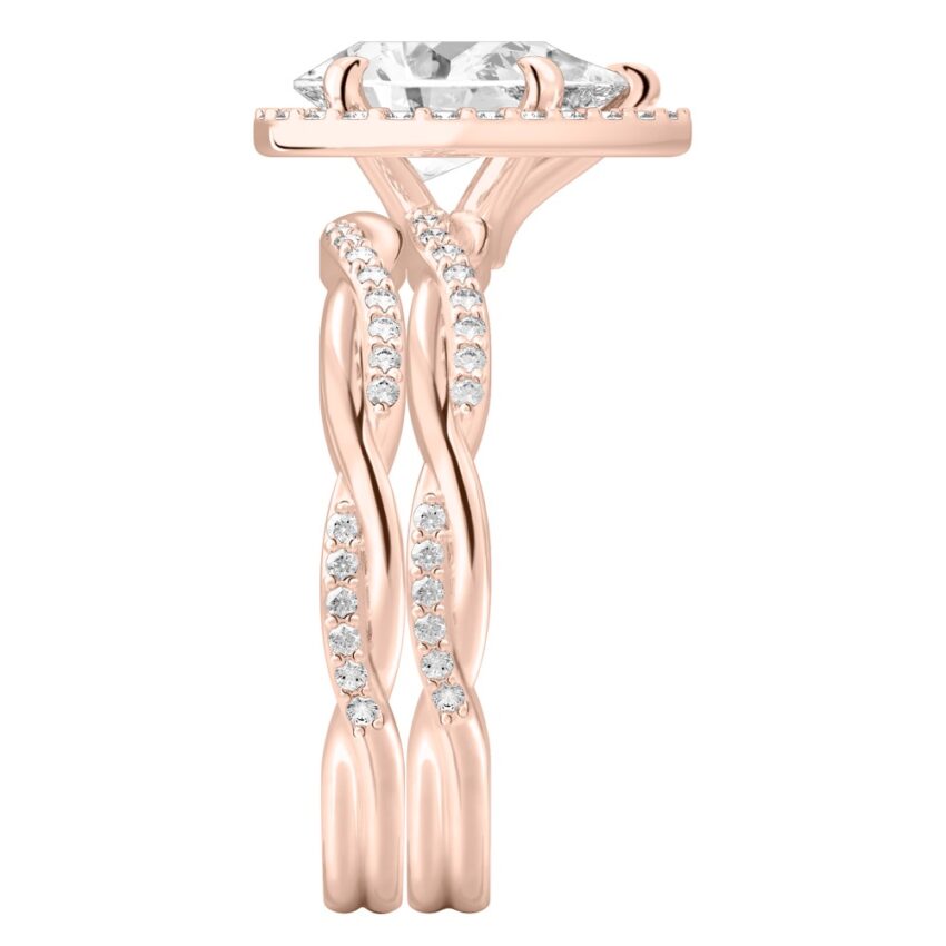 Side view of pear shape diamond twist halo engagement ring set rose gold