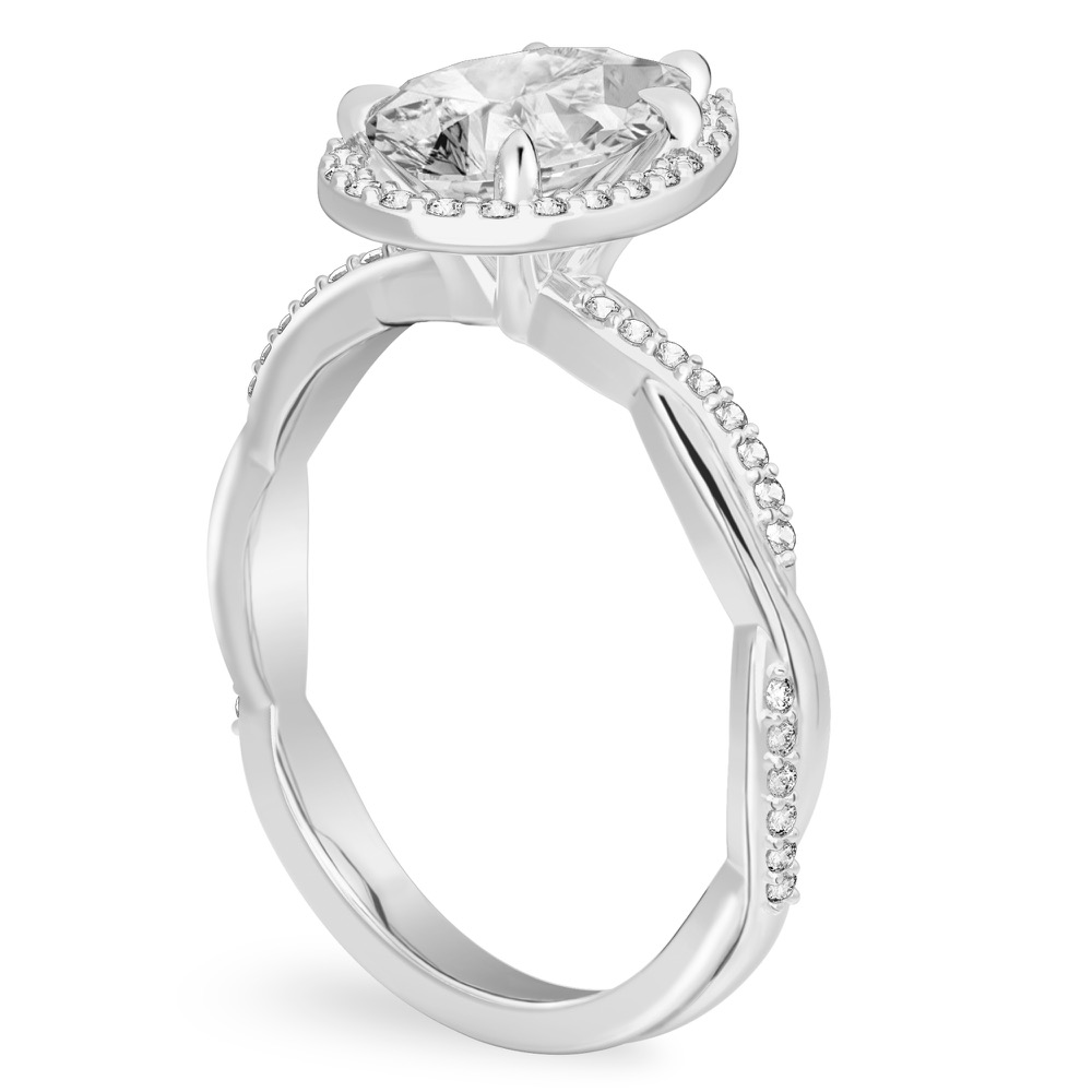 Angle view of pear shape diamond twist halo engagement ring in white gold