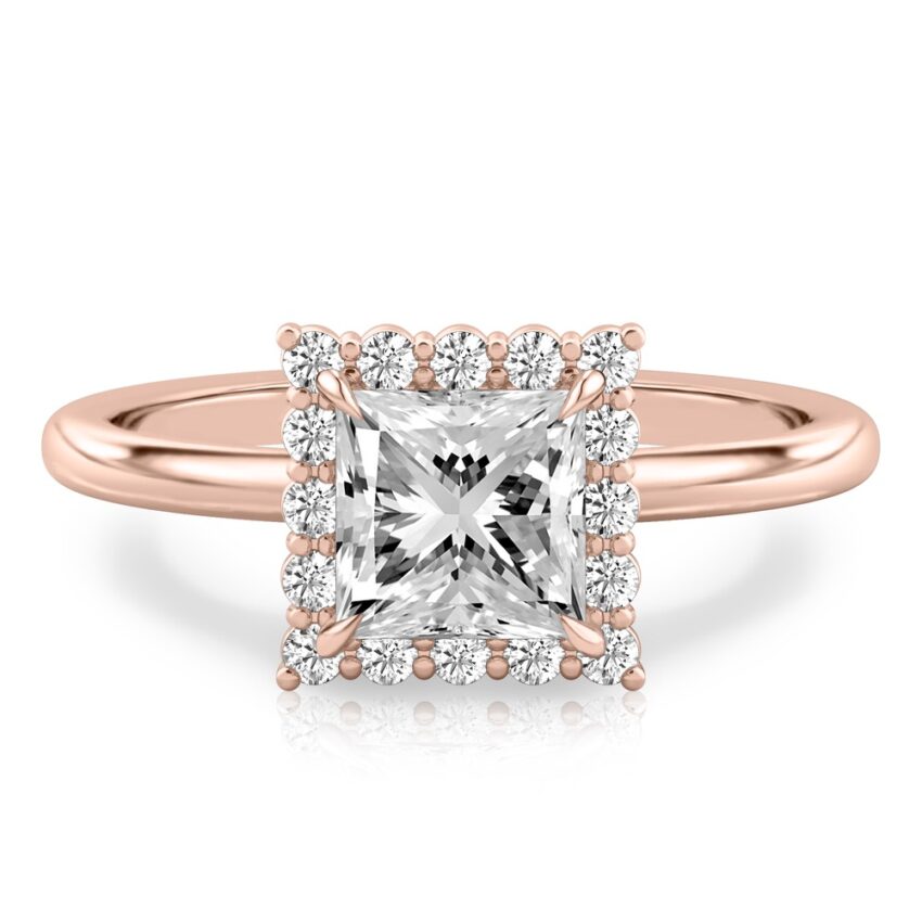 princess cut diamond floral halo engagement ring in rose gold