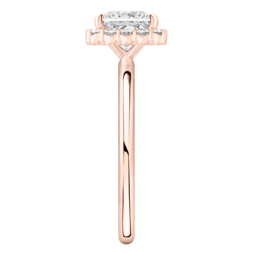 Side view of princess cut diamond floral halo engagement ring in rose gold