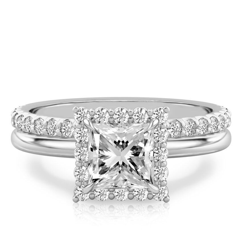 princess cut diamond floral halo engagement ring set platinum