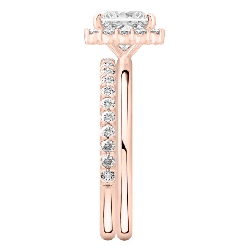 Side view of princess cut diamond floral halo engagement ring set rose gold