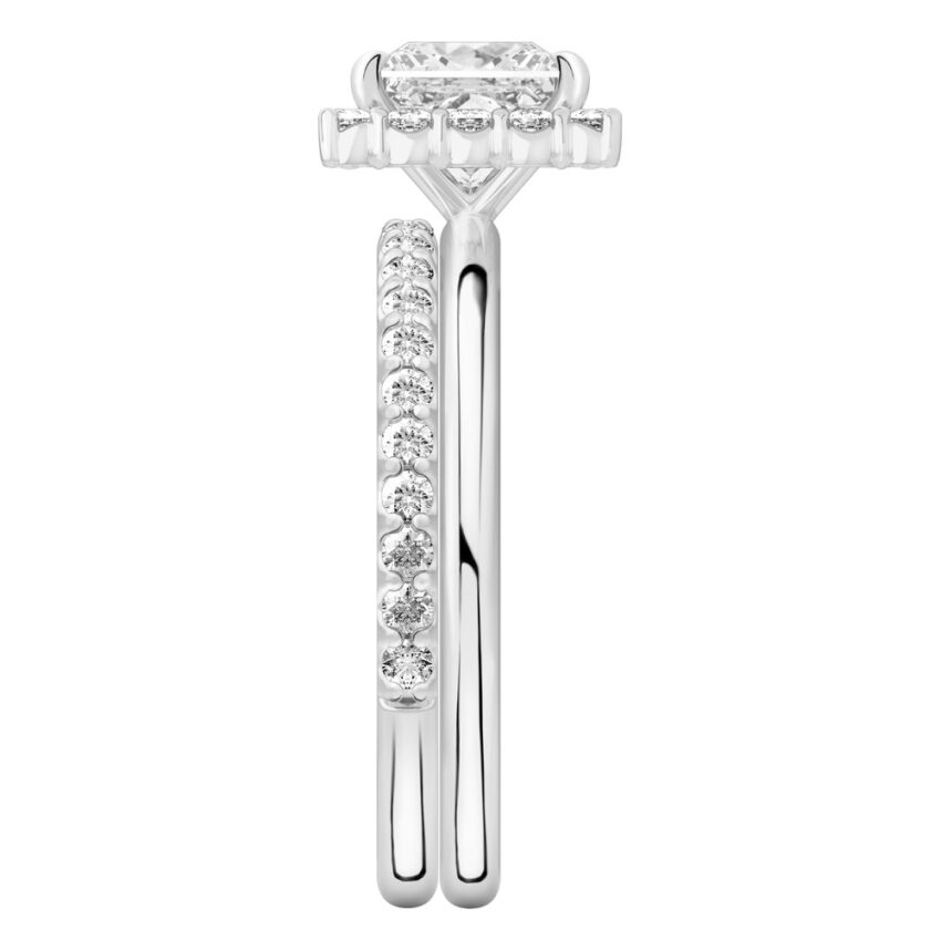 Side view of princess cut diamond floral halo engagement ring set white gold