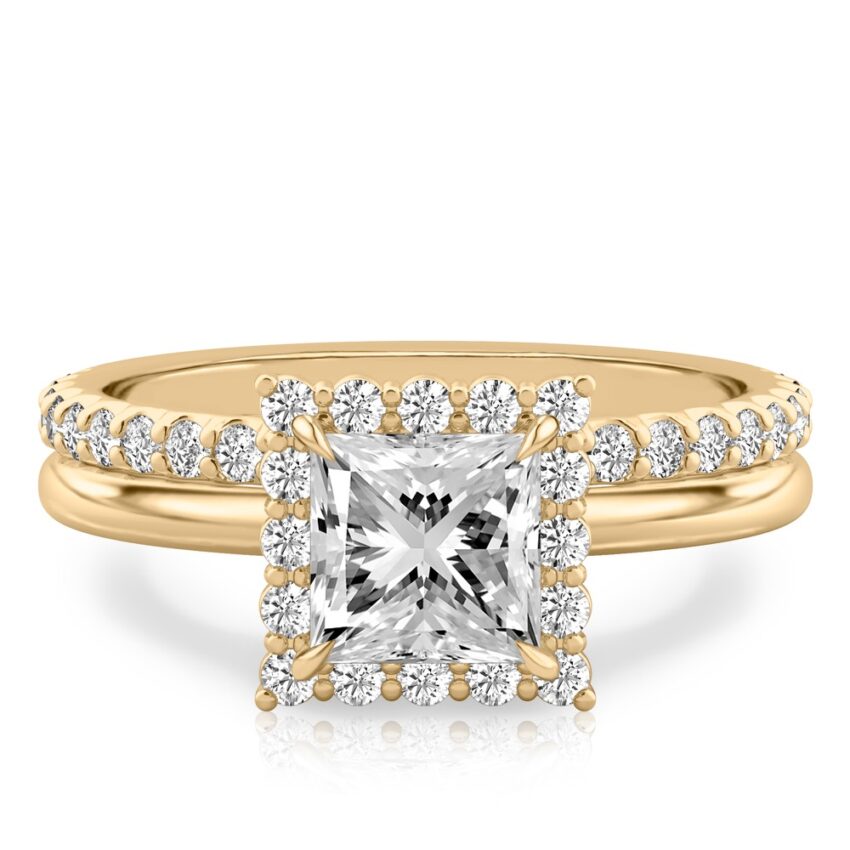 princess cut diamond floral halo engagement ring set yellow gold