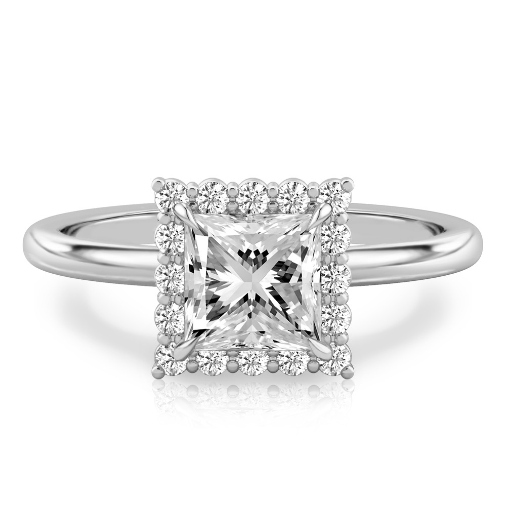 princess cut diamond floral halo engagement ring in white gold