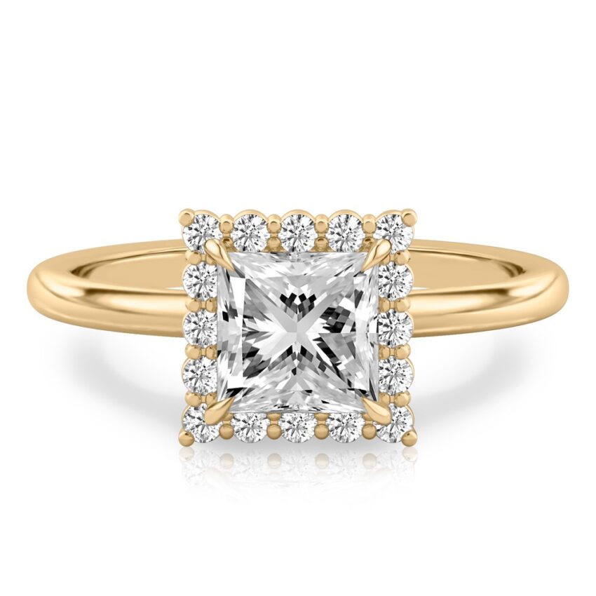 princess cut diamond floral halo engagement ring in yellow gold