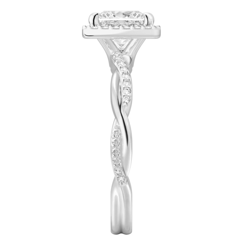 Side view of princess cut diamond twist halo engagement ring in palladium
