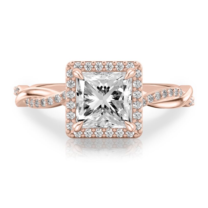 princess cut diamond twist halo engagement ring in rose gold