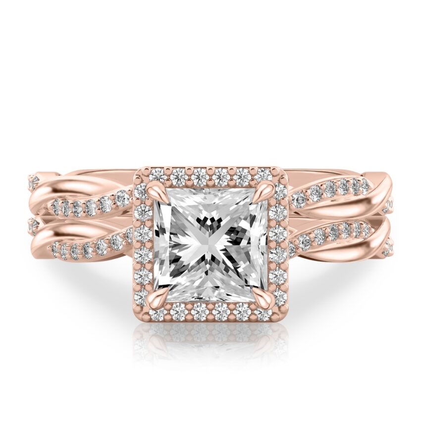 princess cut diamond twist halo engagement ring set rose gold