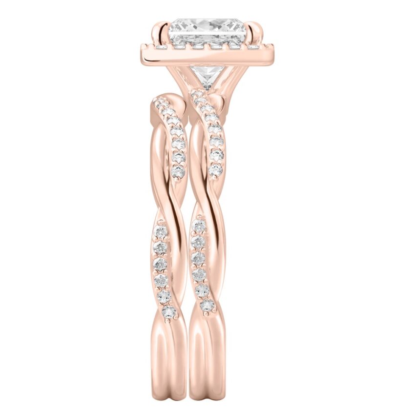 Side view of princess cut diamond twist halo engagement ring set rose gold