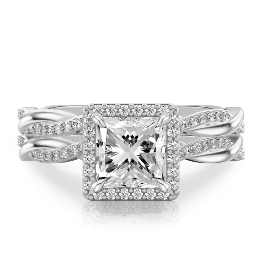 princess cut diamond twist halo engagement ring set white gold