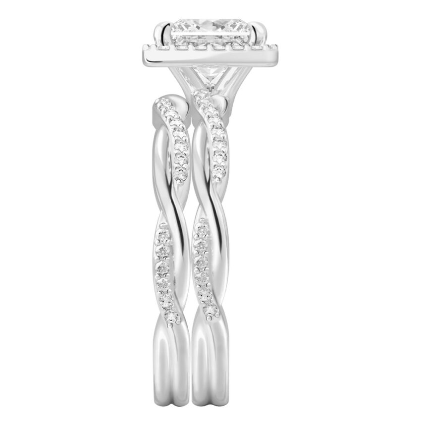 Side view of princess cut diamond twist halo engagement ring set white gold