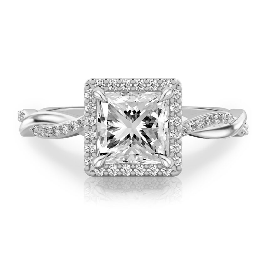 princess cut diamond twist halo engagement ring in white gold