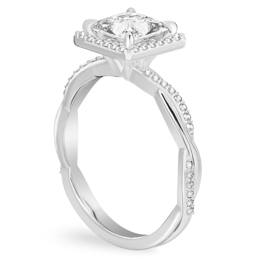 Angle view of princess cut diamond twist halo engagement ring in white gold