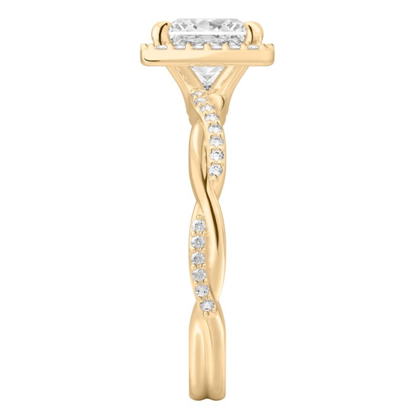 Side view of princess cut diamond twist halo engagement ring in yellow gold