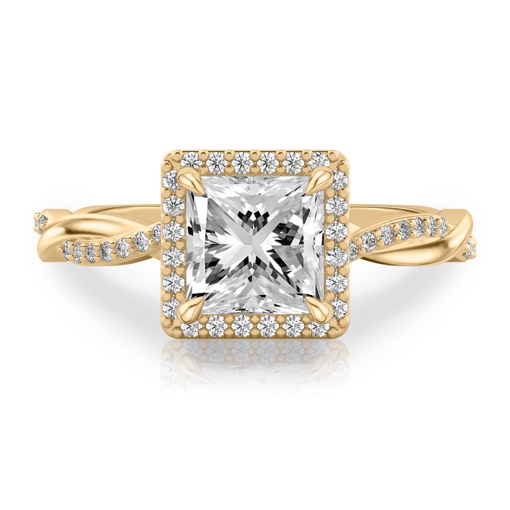 princess cut diamond twist halo engagement ring in yellow gold