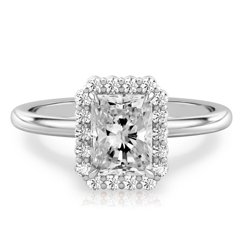 radiant cut diamond floral halo engagement ring in platinum