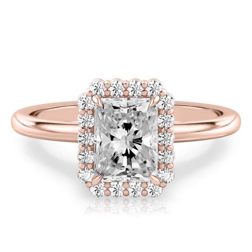 radiant cut diamond floral halo engagement ring in rose gold
