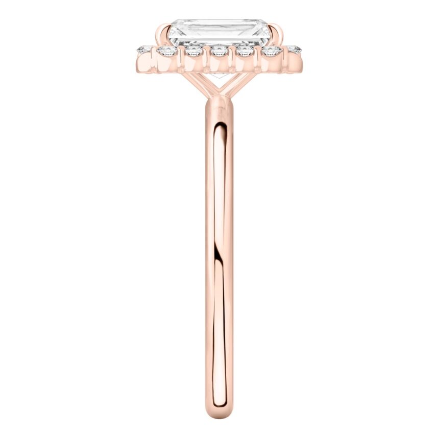 Side view of radiant cut diamond floral halo engagement ring in rose gold