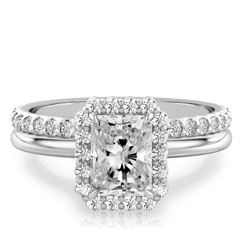 radiant cut diamond floral halo engagement ring set platinum