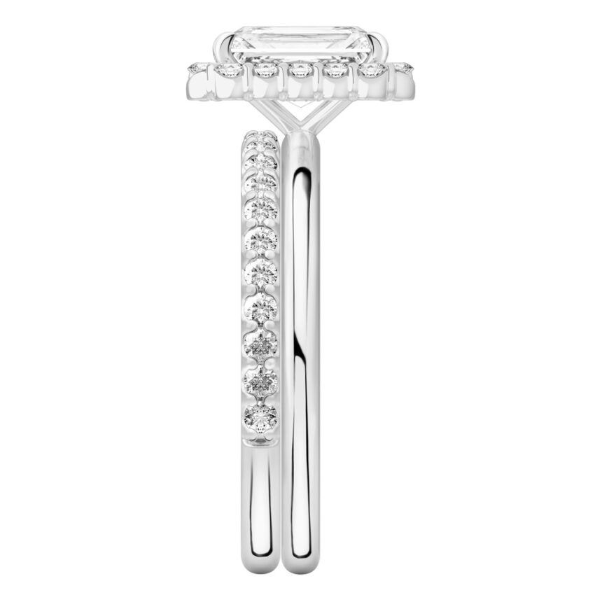 Side view of radiant cut diamond floral halo engagement ring set platinum