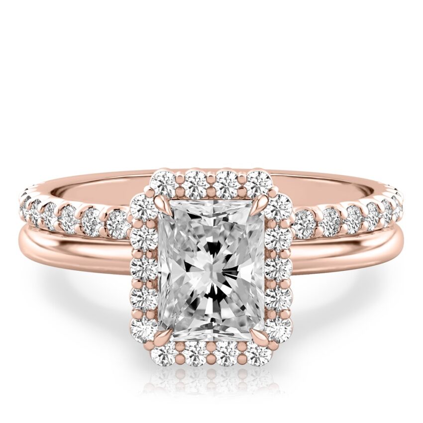 radiant cut diamond floral halo engagement ring set rose gold