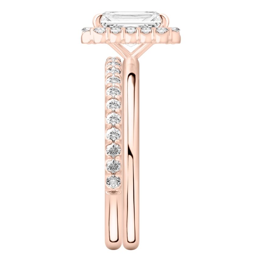 Side view of radiant cut diamond floral halo engagement ring set rose gold