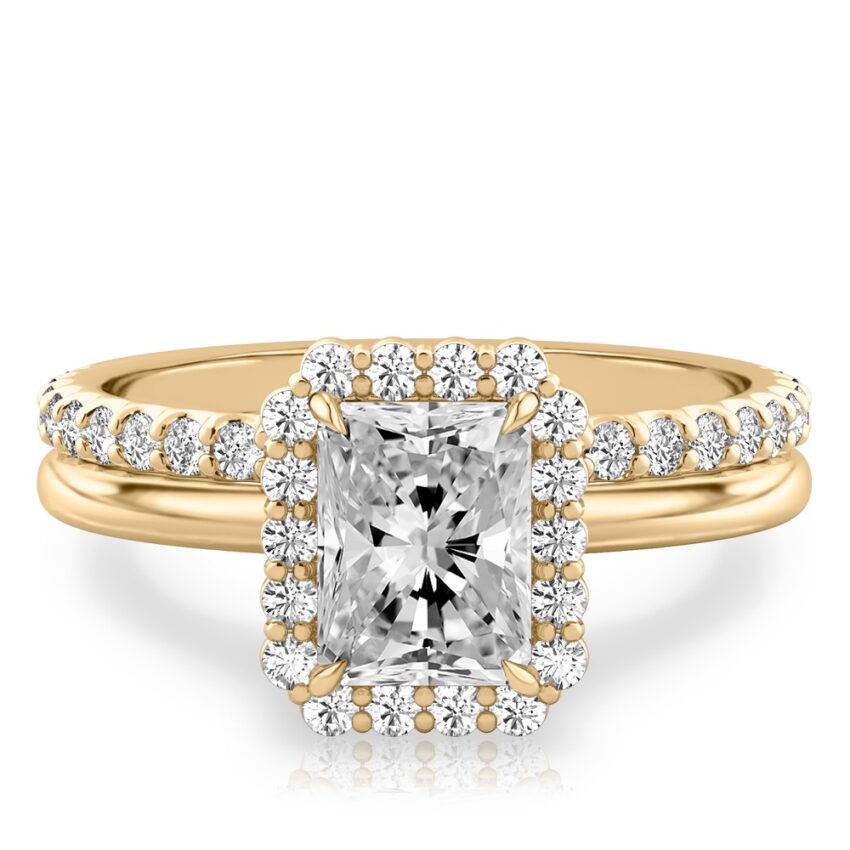 radiant cut diamond floral halo engagement ring set yellow gold