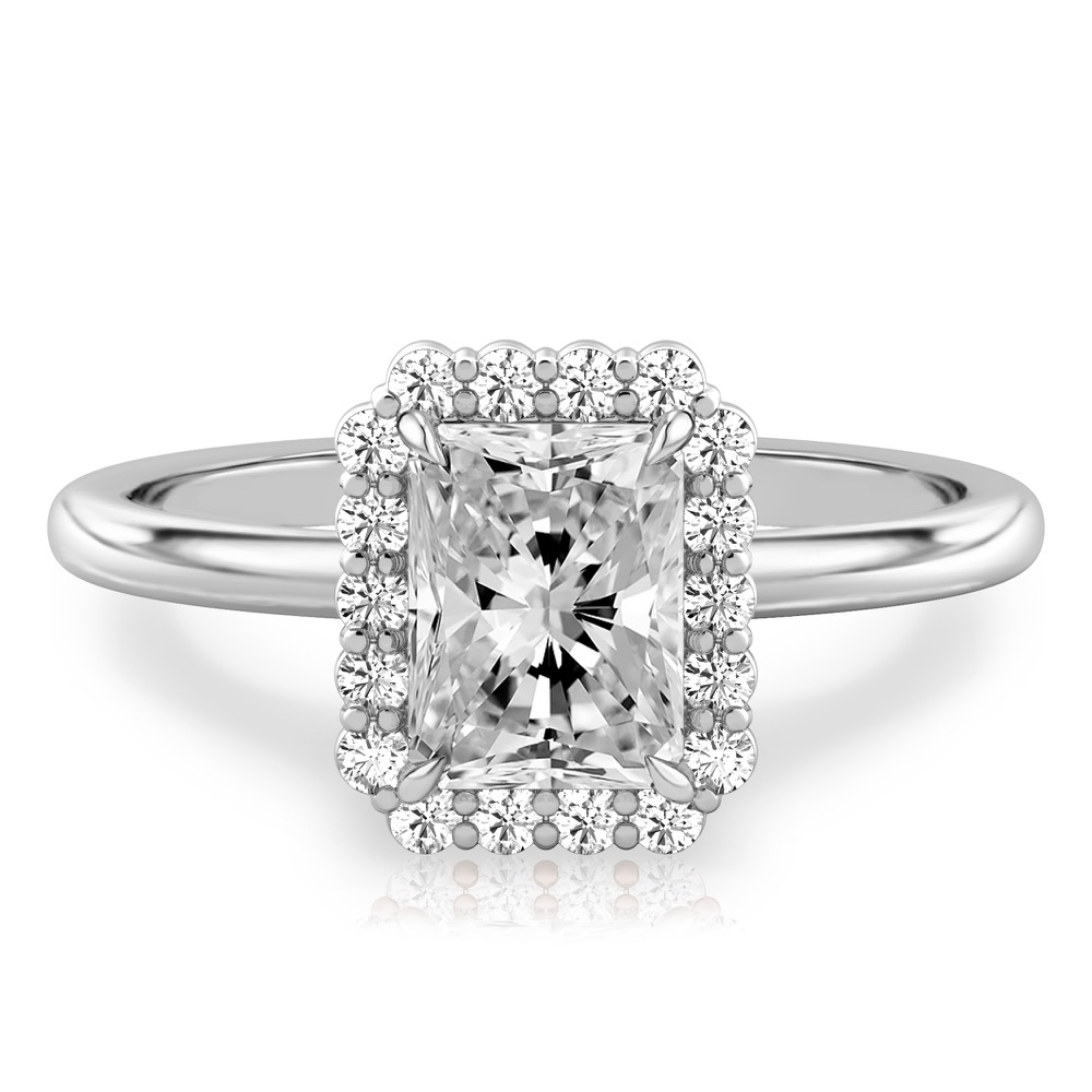 radiant cut diamond floral halo engagement ring in white gold