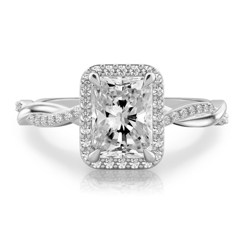 radiant cut diamond twist halo engagement ring in platinum
