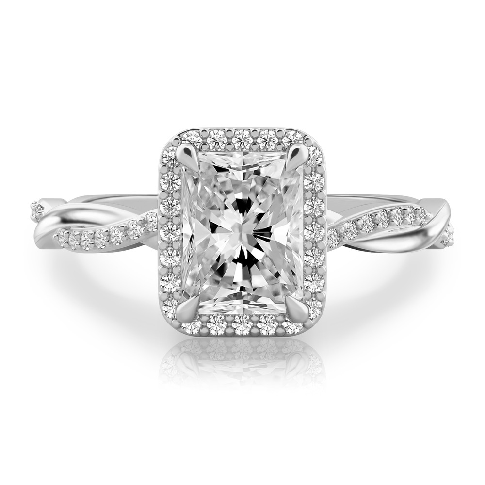 radiant cut diamond twist halo engagement ring in platinum