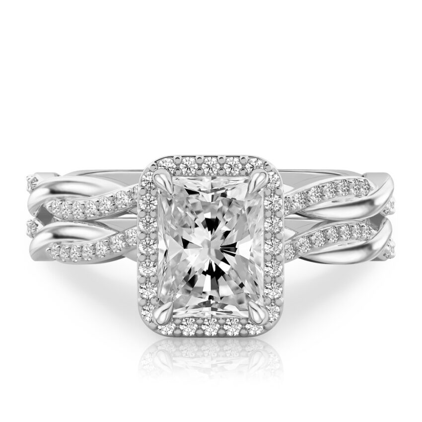 radiant cut diamond twist halo engagement ring set palladium