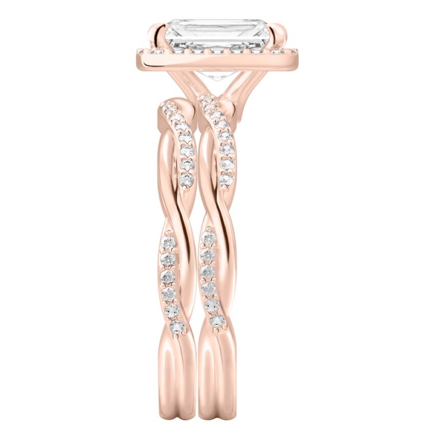 Side view of radiant cut diamond twist halo engagement ring set rose gold