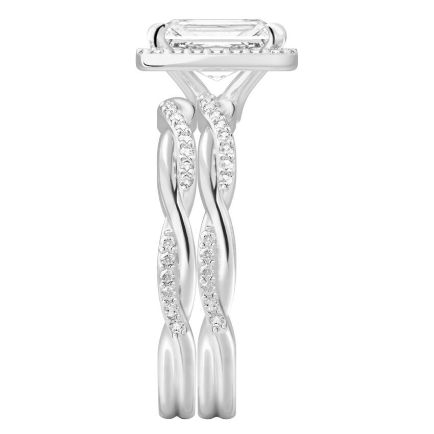 Side view of radiant cut diamond twist halo engagement ring set white gold