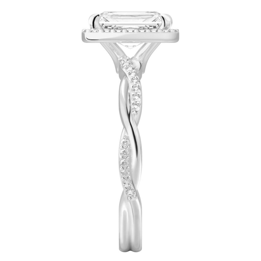 Side view of radiant cut diamond twist halo engagement ring in white gold