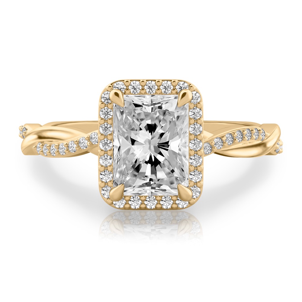 radiant cut diamond twist halo engagement ring in yellow gold
