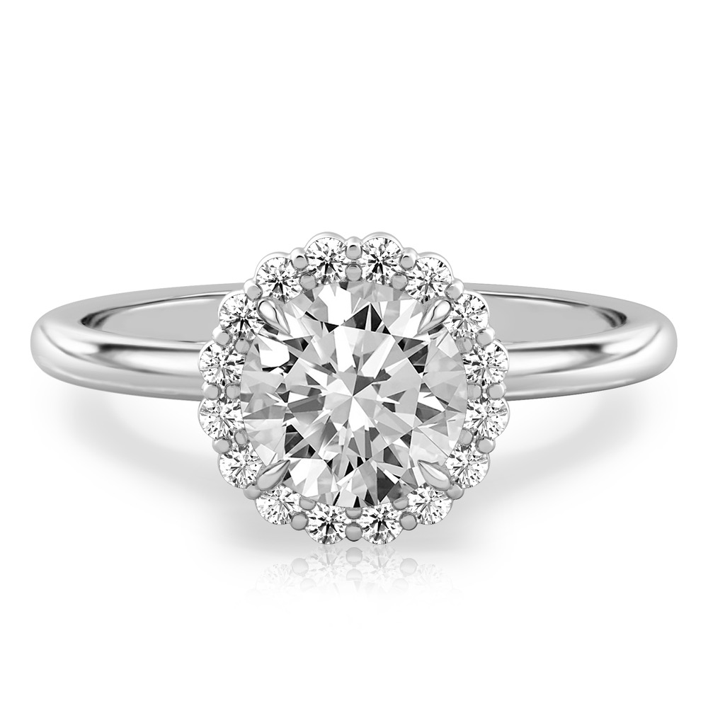 round cut diamond floral halo engagement ring in platinum
