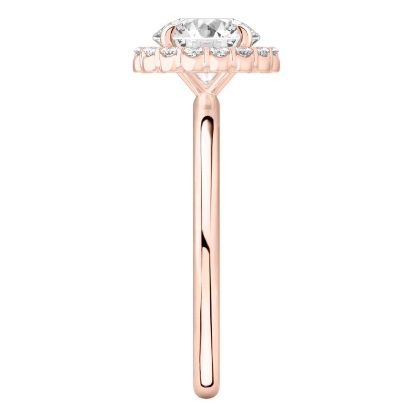 Side view of round cut diamond floral halo engagement ring in rose gold
