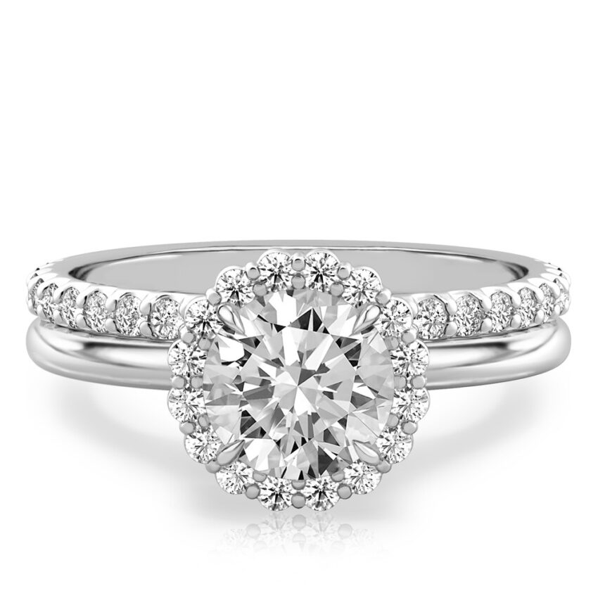 round cut diamond floral halo engagement ring set platinum