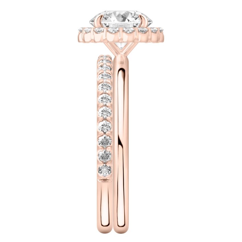 Side view of round cut diamond floral halo engagement ring set rose gold