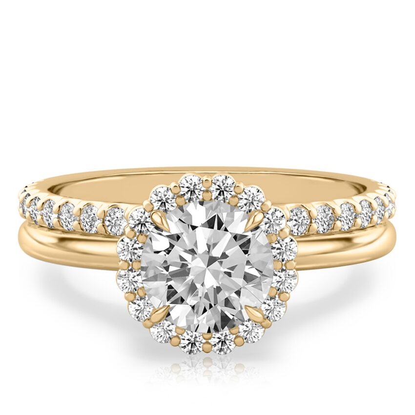 round cut diamond floral halo engagement ring set yellow gold