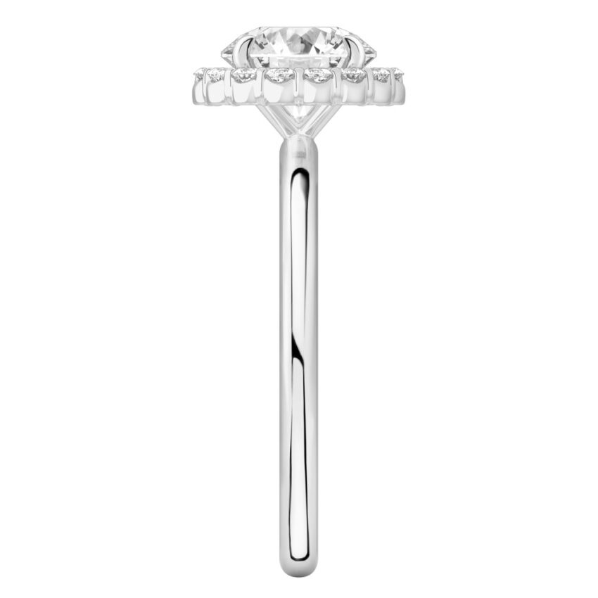 Side view of round cut diamond floral halo engagement ring in white gold