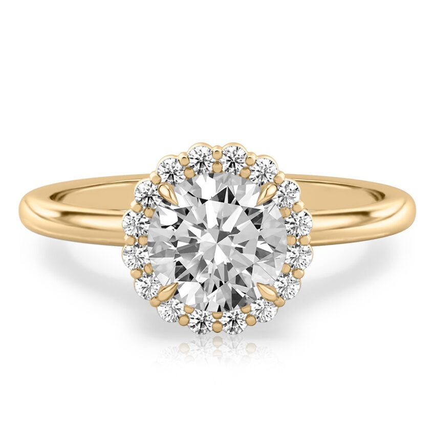 round cut diamond floral halo engagement ring in yellow gold